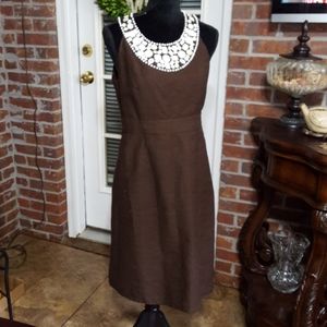 Merona Linen brown sleeveless dress beaded white neckline Fully lined sz 8 EUC…